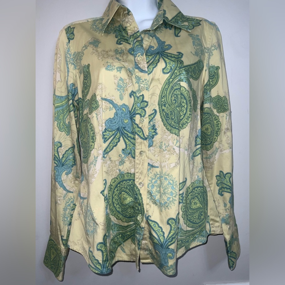 Ann Taylor Bohemian Green Paisley Button Down Cotton Shirt Sz M